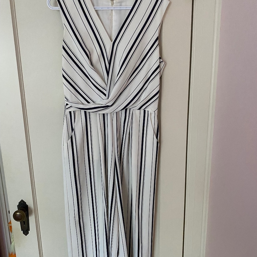 Le Chateau dressy jumpsuit, size M in white with blue stripes